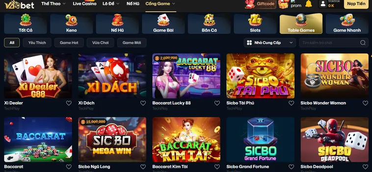 Danh Mục Trò Chơi Tại Hệ Thống Sảnh Table Game VaoBet Uy Tín Hiện Nay